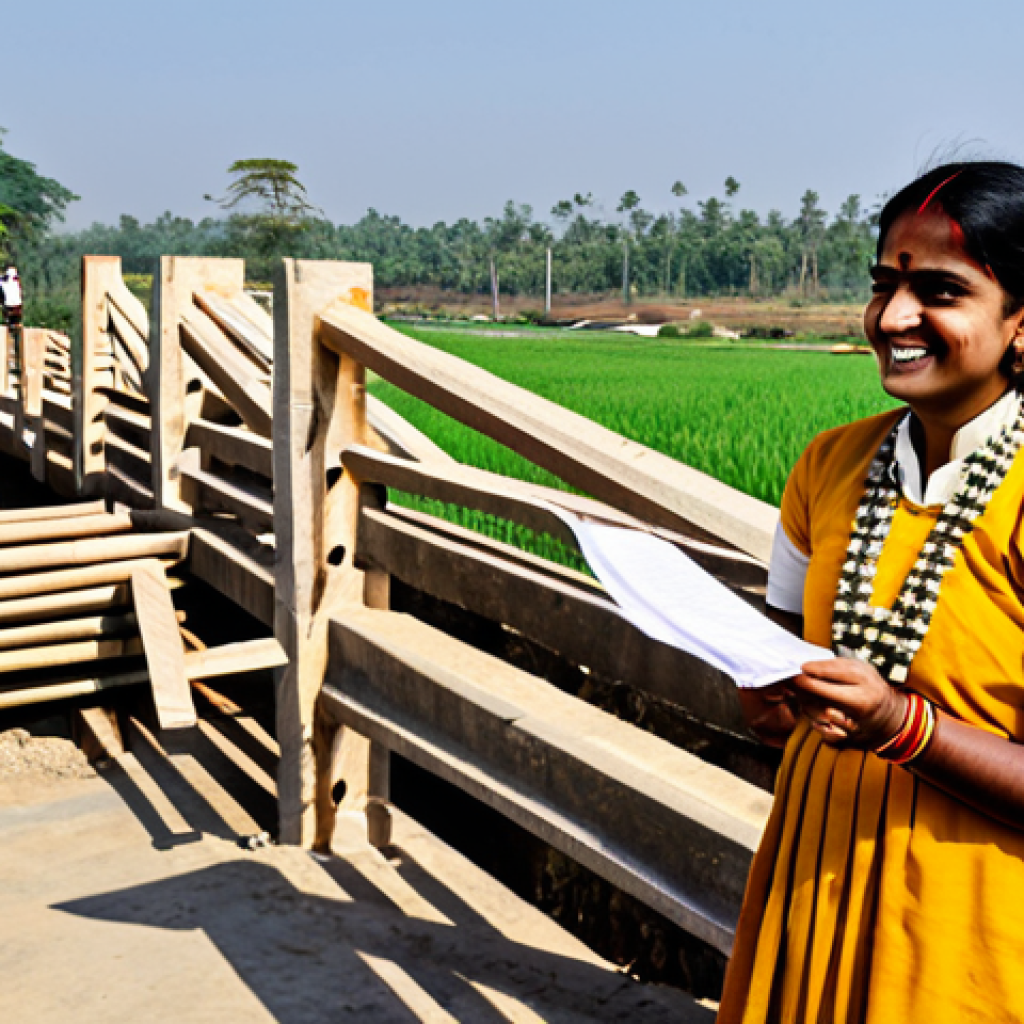 토목공학 실무 사례 공유 - **ग्रामीण भारत में सिविल इंजीनियर:** एक महिला सिविल इंजीनियर, पारंपरिक भारतीय पोशाक पहने, ग्रामीण इल...