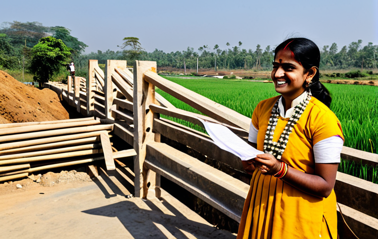 토목공학 실무 사례 공유 - **ग्रामीण भारत में सिविल इंजीनियर:** एक महिला सिविल इंजीनियर, पारंपरिक भारतीय पोशाक पहने, ग्रामीण इल...