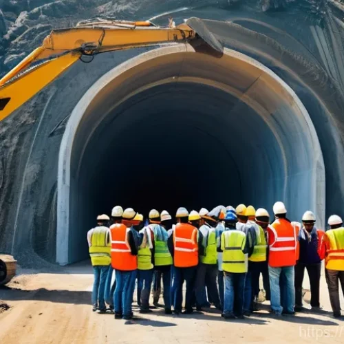 토목공학과 터널 공사 사례 - **Prompt:** A wide, cinematic shot of a colossal tunnel entrance carved into a rugged, majestic moun...