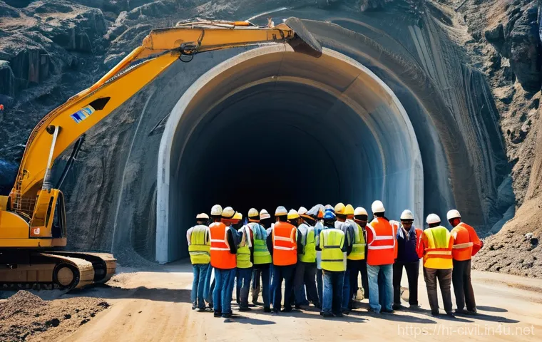 토목공학과 터널 공사 사례 - **Prompt:** A wide, cinematic shot of a colossal tunnel entrance carved into a rugged, majestic moun...