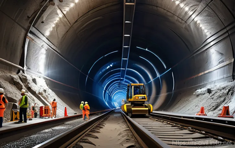 토목공학과 터널 공사 사례 - **Prompt:** A wide, cinematic shot of a colossal tunnel entrance carved into a rugged, majestic moun...