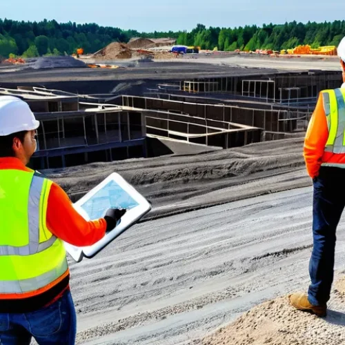 토목공학에서 측량 기술 활용 - **Prompt 1: Aerial Construction Site with Drone and 3D Modeling**
    A high-resolution aerial photo...