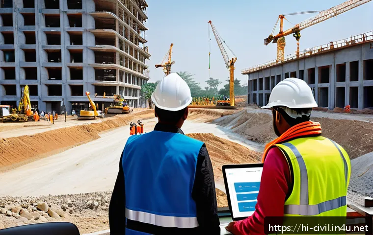 토목공학 실무에서 자주 발생하는 문제 - A modern civil engineering project site in India showcasing smart project management techniques, fea...