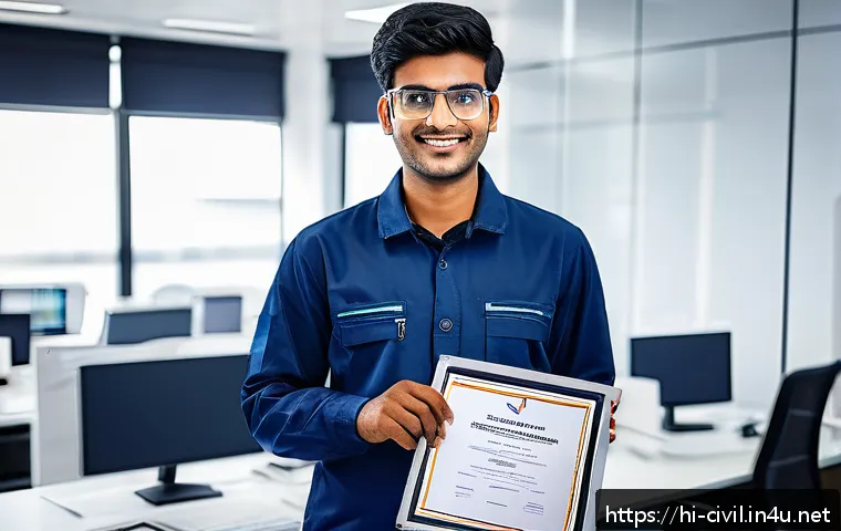 토목기사 자격증 취득의 장점 - A confident young Indian engineer wearing professional attire and safety gear, holding a Tokmik Engi...