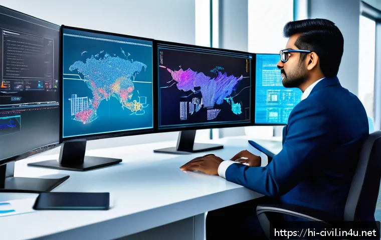 토목공학과 인공지능의 활용 - A highly detailed digital engineering workspace showing an Indian engineer using AI-powered structur...