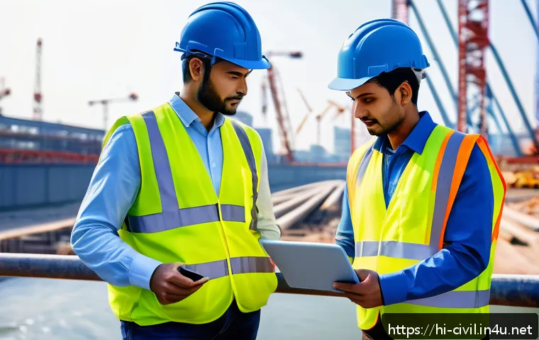 토목공학 프로젝트에서 협업 사례 - A diverse team of civil engineers and site workers engaged in a dynamic video conference on a constr...