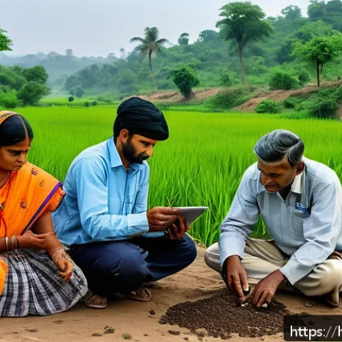 토목공학과 환경영향 평가 - A detailed environmental survey scene set in a lush Indian rural landscape, showcasing a diverse tea...