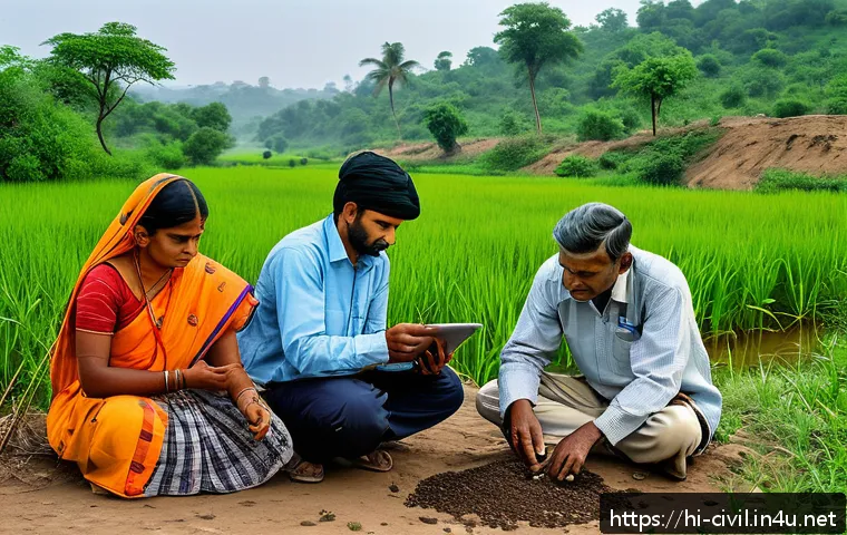 토목공학과 환경영향 평가 - A detailed environmental survey scene set in a lush Indian rural landscape, showcasing a diverse tea...