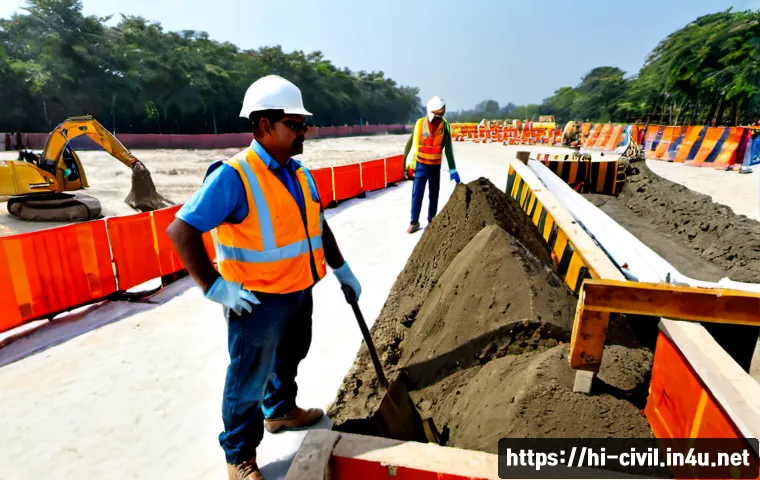 토목공학 현장에서의 안전 관리 - Photorealistic civil engineering construction site safety inspection in India, a middle-aged Indian ...