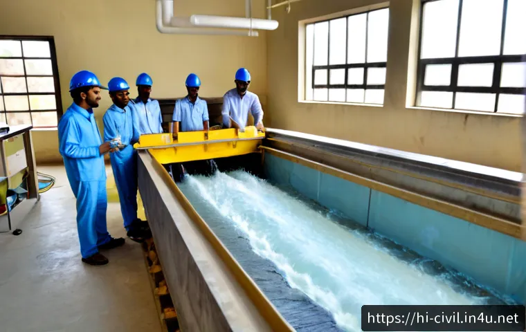 토목공학에서 수리학의 원리 - Photorealistic wide-angle view of an Indian civil engineering student team in bright safety helmets ...