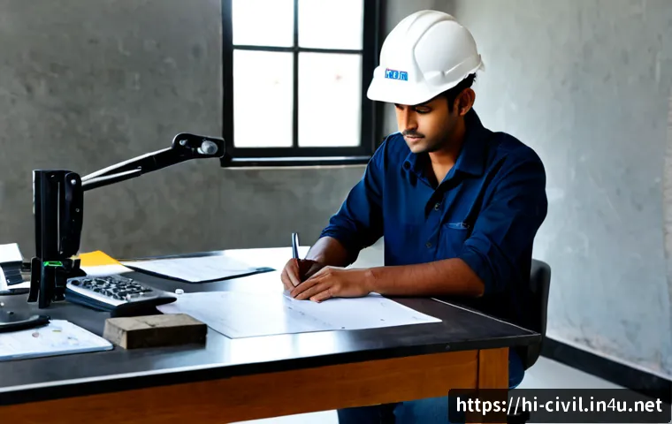 Home 17 토목기사 실기시험 모의고사 - Photorealistic Indian civil engineering student taking a practical mock examination at a clean desk,...