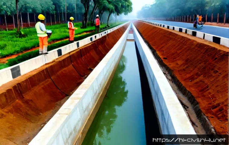 토목공학과 지속 가능한 개발 - Photorealistic civil engineering team in India reviewing a sustainable urban drainage project beside...